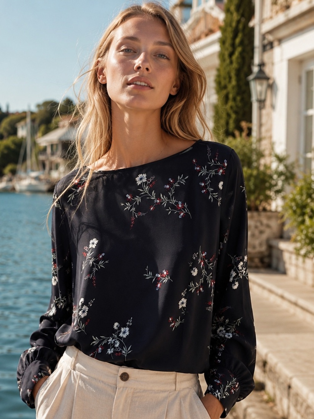 🩵Ann Taylor Black Floral Boatneck Long-Sleeve Blouse